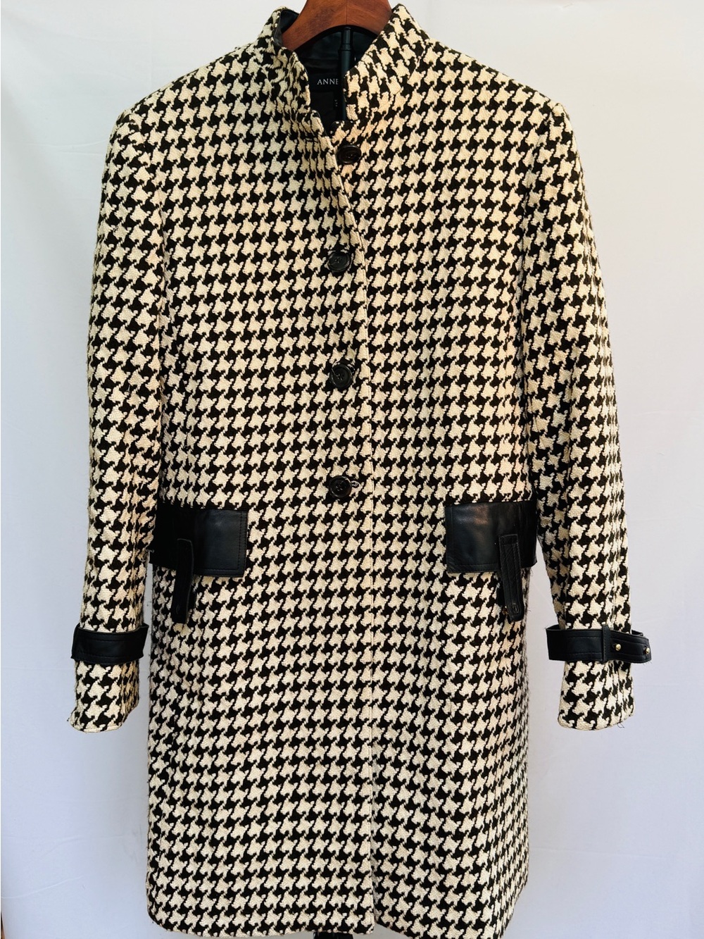 Anne Klein Black & Cream Houndstooth Stand-Collar Coat